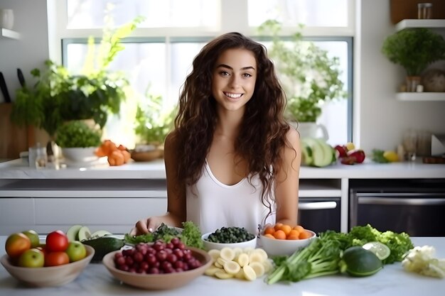 Mujer vegana va a comer frutas y verduras saludables en la cocina