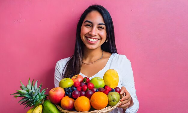 mujer vegana rodeada de frutas fondo rosa espacio de copia