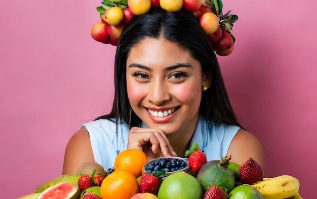 mujer vegana rodeada de frutas fondo rosa espacio de copia