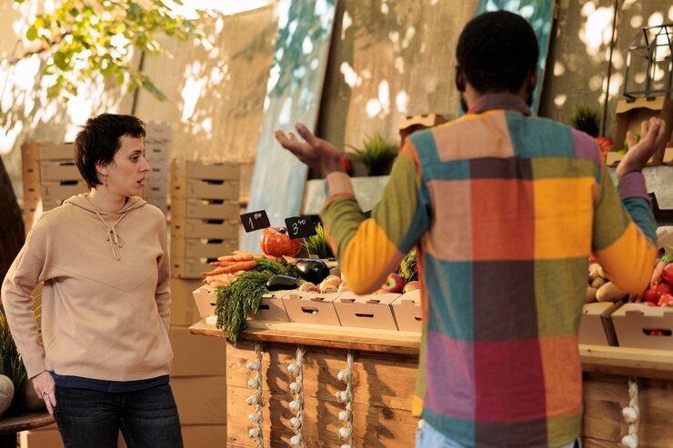 Foto mujer vegetariana comprando en el mercado local de agricultores para comprar productos ecológicos naturales. cliente poniendo frutas y verduras de temporada orgánicas frescas en cajas de cartón, comprando productos saludables cultivados localmente.