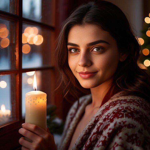 Foto mujer con vela de navidad mirando por la ventana de invierno sonriendo