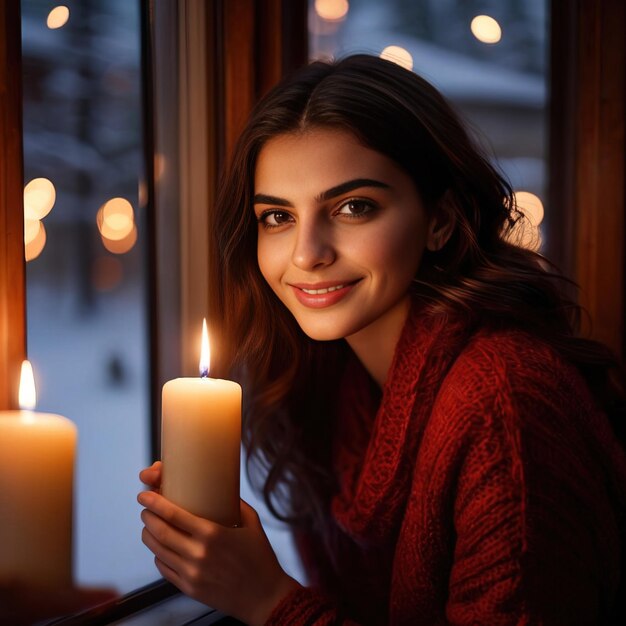 Foto mujer con vela de navidad mirando por la ventana de invierno sonriendo