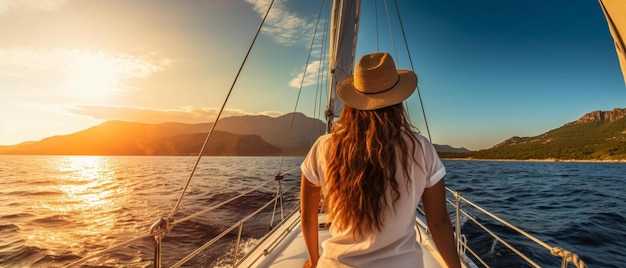 Foto mujer en un velero en el mar jónico en grecia