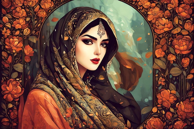 una mujer con un velo en la cabeza está en un marco de hojas