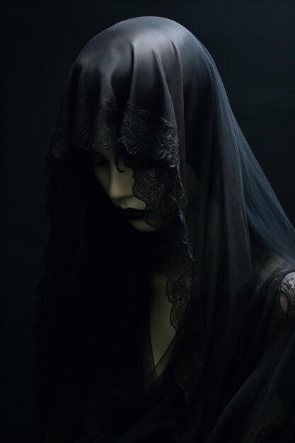 Una mujer con un velo negro Traje de novia muerta para Halloween Retrato de una chica afligida Bruja ante el aquelarre