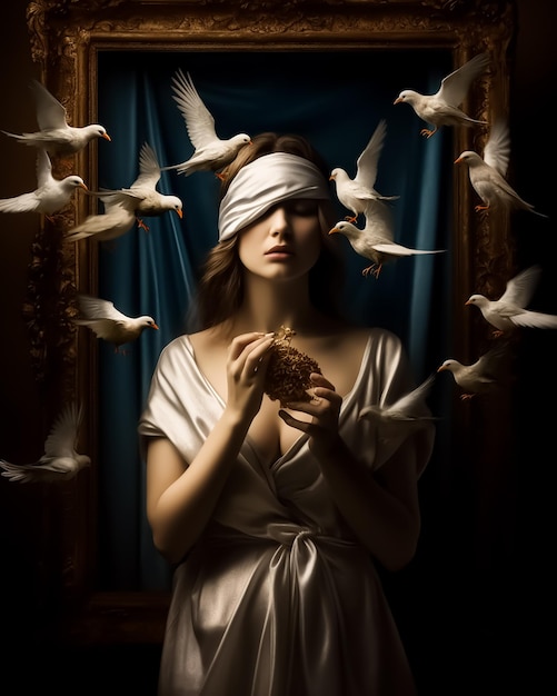 Una mujer con una venda blanca en los ojos está rodeada de pájaros blancos.