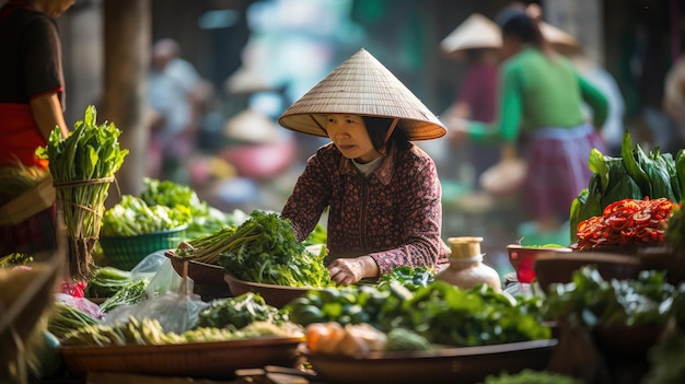 una mujer vende verduras en un mercado.