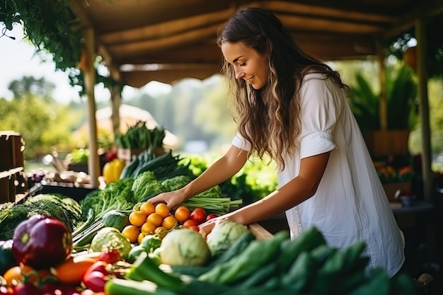 Una mujer vende verduras.