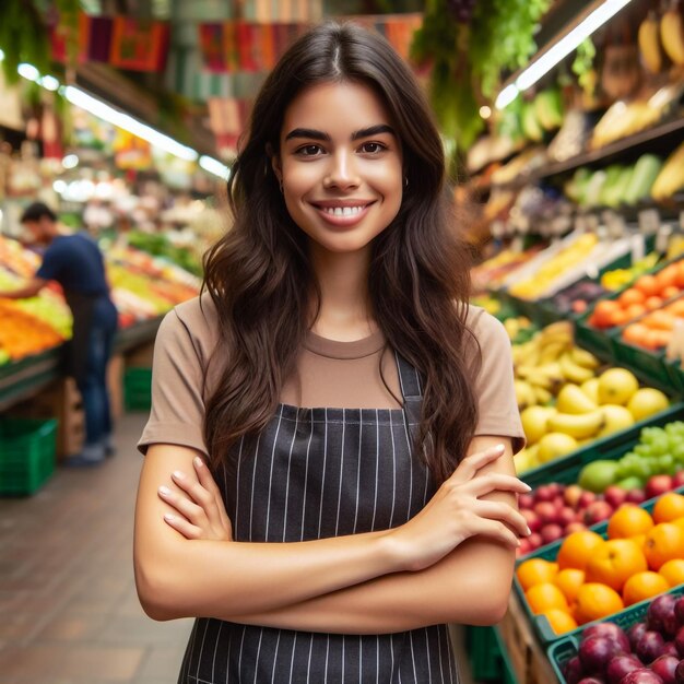 Mujer vendedora de frutas en el mercado cerca del mostrador