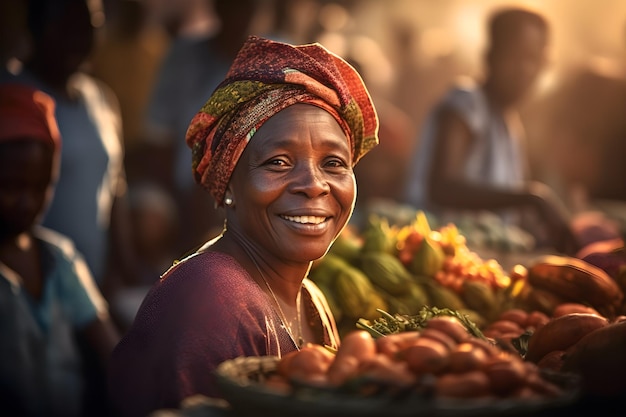 Una mujer vendiendo verduras en un mercado de África