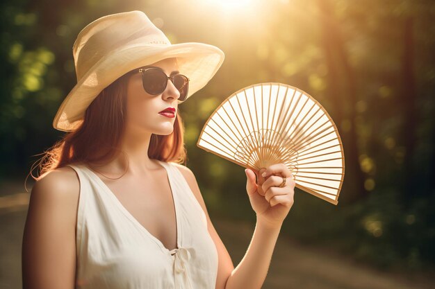 Mujer ventilador de mano sufriendo calor verano sobrecalentamiento al aire libre problemas señora Generate Ai