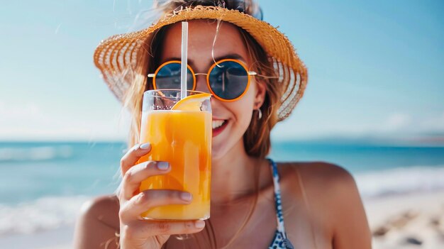 Mujer de verano alegre disfrutando de jugo de naranja en la playa