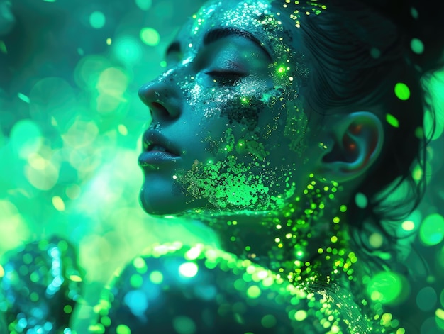 Una mujer en verde brillante pintura de iluminación verde arte del cuerpo AI generativo
