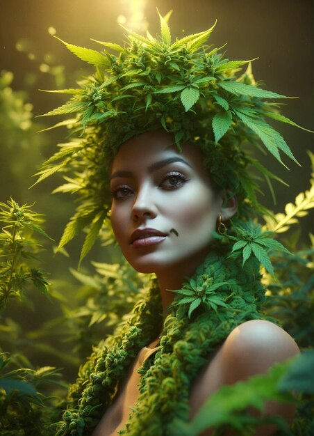 Mujer verde con plantas