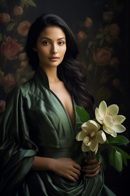 Mujer de verde posa elegantemente con flores de magnolia