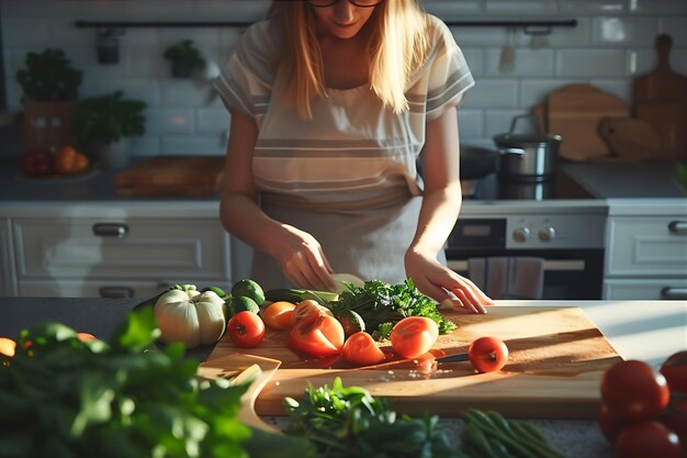 Mujer con verduras en la cocina