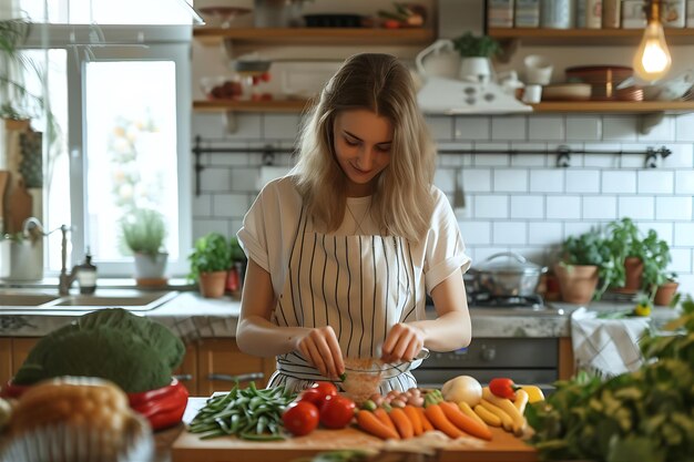 Mujer con verduras en la cocina