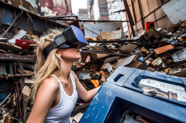 Mujer en un vertedero de chatarra usando un auricular VR