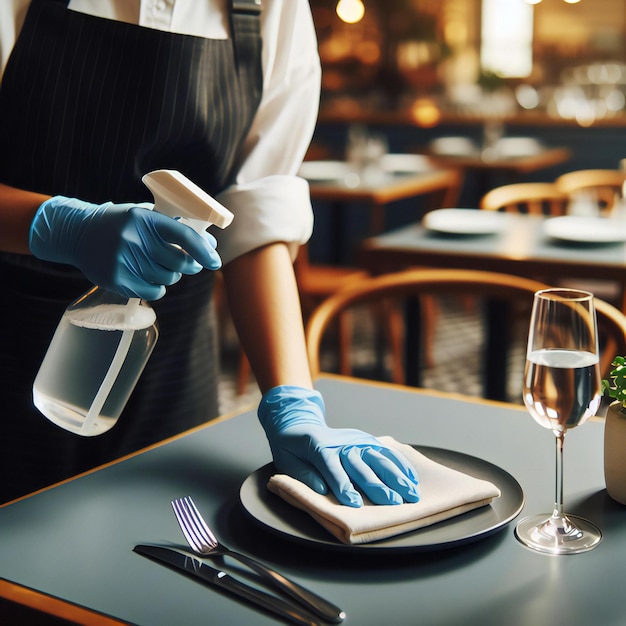 Foto una mujer está vertiendo agua en un plato con una botella de agua