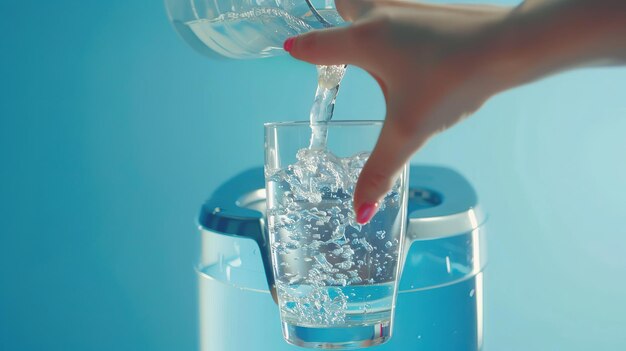 Mujer vertiendo agua del refrigerador en un vaso sobre un fondo azul