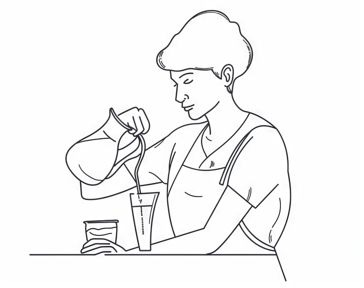 Foto mujer vertiendo jugo fresco en un vaso ilustrado ilustración moderna trazos editables