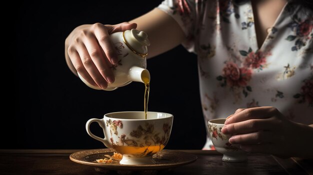 Mujer vertiendo té en una taza de té 3