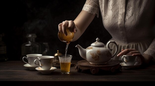 Mujer vertiendo té en una taza de té 8