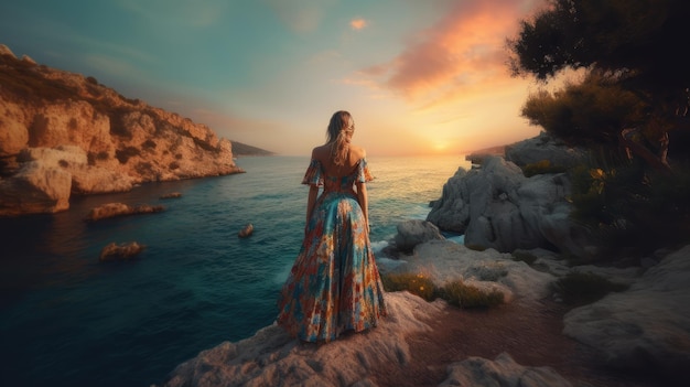 Una mujer vestida se para en un acantilado mirando al mar.