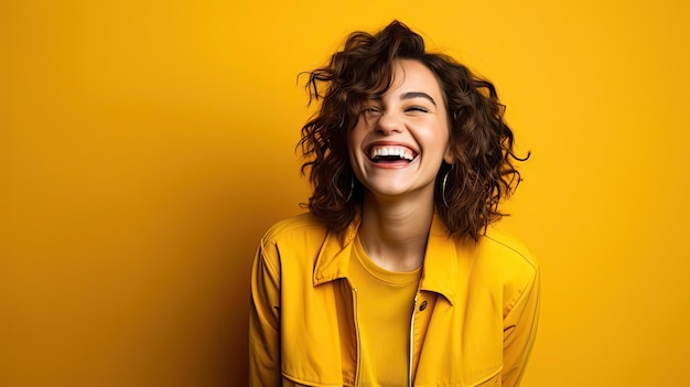 una mujer vestida de amarillo sonreía sobre un fondo