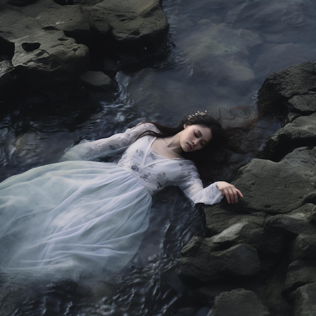 una mujer vestida de blanco está nadando en las rocas en las aguas con generar Ai