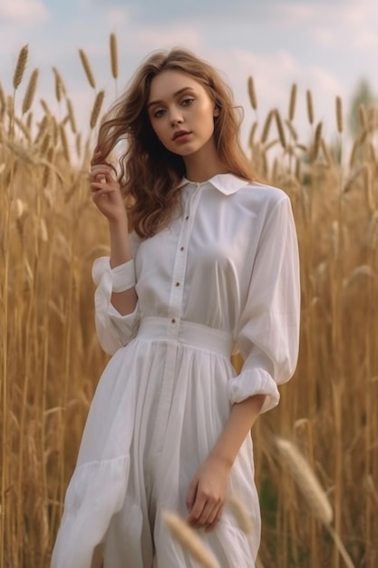 una mujer vestida de blanco está parada en un campo de trigo.