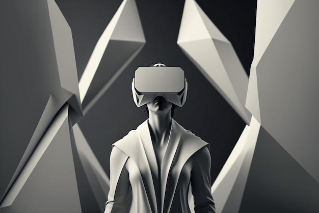 Mujer vestida de blanco con gafas de realidad virtual vr ilustración de tecnología móvil digital IA generativa