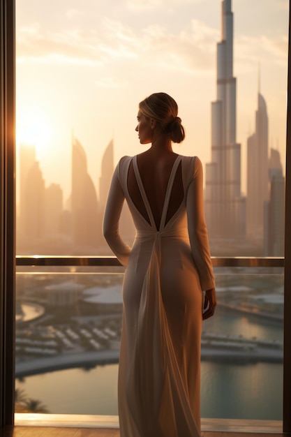 Foto mujer vestida de blanco mirando la puesta de sol brillante sobre el horizonte de dubai