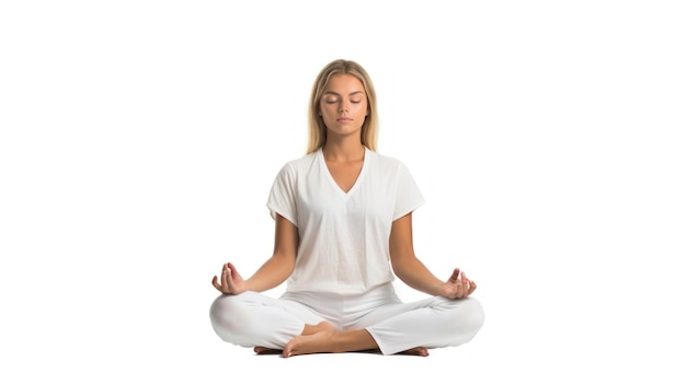 una mujer vestida de blanco practicando yoga con una camisa blanca.