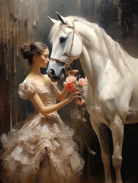 una mujer vestida con una brida y un caballo.