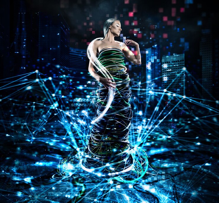 Foto mujer vestida con cables eléctricos