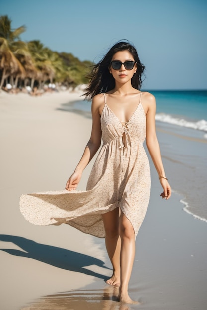 una mujer vestida camina por la playa frente al océano.