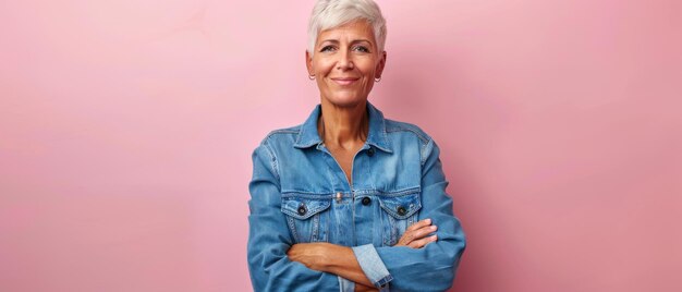 Mujer vestida con una camisa de denim casual sonriendo con los brazos cruzados frente a un fondo rosado y de pie sobre él persona positiva