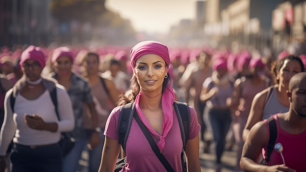 Mujer Vestida Con Camisa Rosa Y Pañuelo En La Cabeza Día Mundial Contra El Cáncer