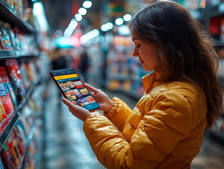 Foto una mujer vestida con una chaqueta de color amarillo brillante se concentra en su teléfono inteligente mientras compra bocadillos en una tienda bien iluminada la imagen presenta estantes apilados con varios productos alimenticios envasados