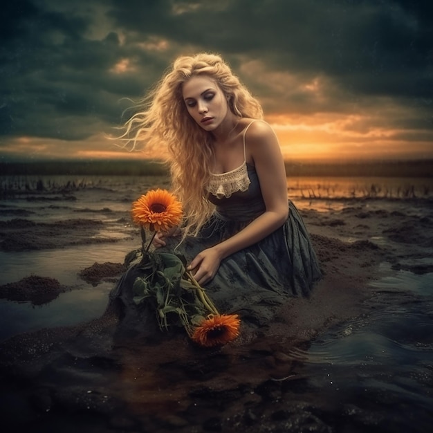 Una mujer vestida está rodeada de flores y el sol se pone.