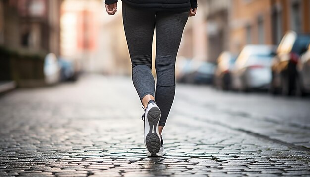 Una mujer vestida con leggings y zapatillas de deporte al estilo callejero  de una calle de la ciudad una mujer caminando por la calle