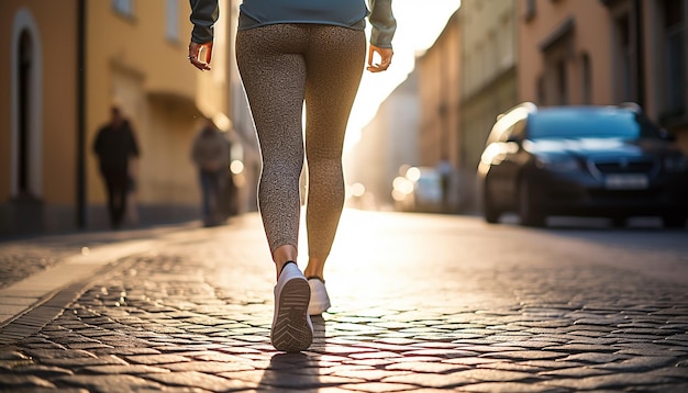 Una mujer vestida con leggings y zapatillas de deporte al estilo callejero  de una calle de la ciudad una mujer caminando por la calle