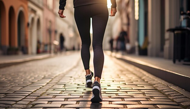 Una mujer vestida con leggings y zapatillas de deporte al estilo callejero  de una calle de la ciudad una mujer caminando por la calle