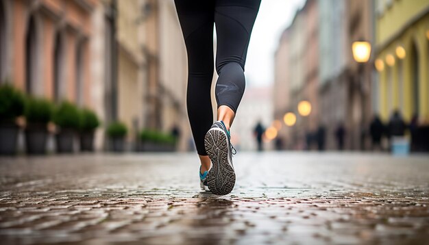 Una mujer vestida con leggings y zapatillas de deporte al estilo callejero  de una calle de la ciudad una mujer caminando por la calle