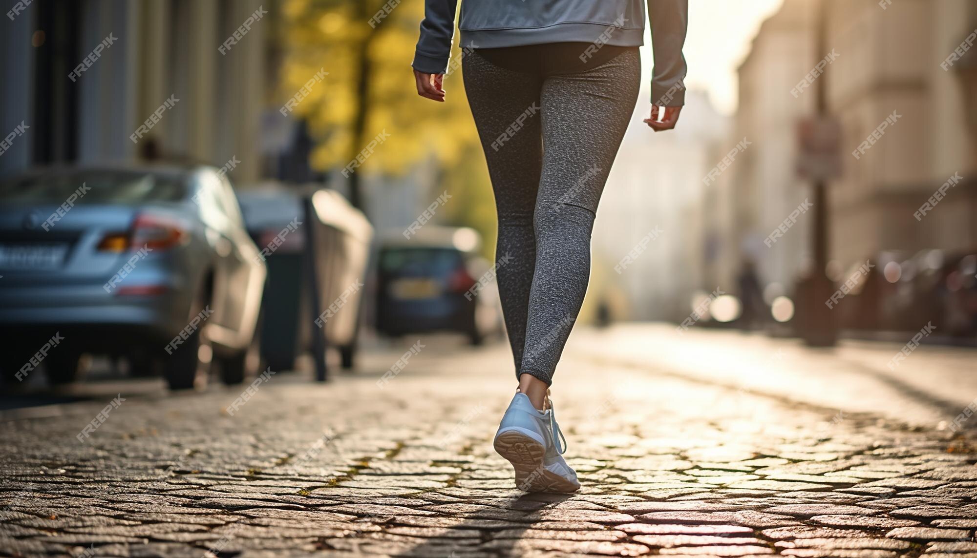 Una mujer vestida con leggings y zapatillas de deporte al estilo callejero  de una calle de la ciudad una mujer caminando por la calle