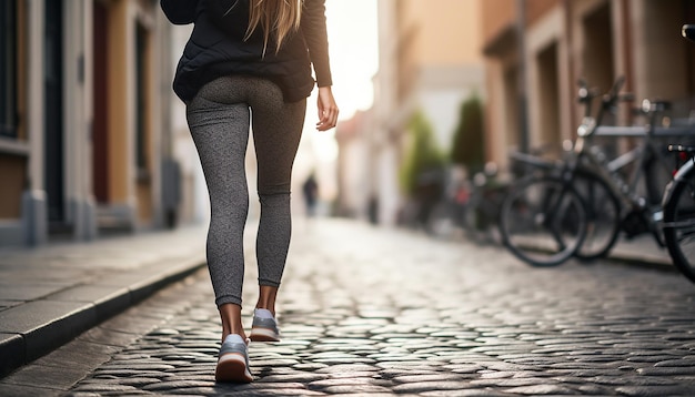 Una mujer vestida con leggings y zapatillas de deporte al estilo callejero  de una calle de la ciudad una mujer caminando por la calle