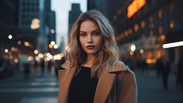 Una mujer vestida con un moderno traje urbano se encuentra con confianza en una calle de la ciudad, su estilo único combina la alta costura con el estilo urbano