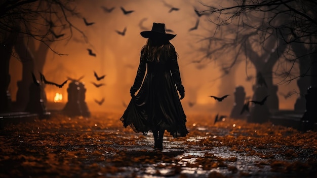 Mujer vestida de negro se aleja en el parque de otoño en la noche de Halloween Escena generativa de IA con una niña adulta y murciélagos en madera mágica espeluznante Concepto de terror y otoño de Helloween