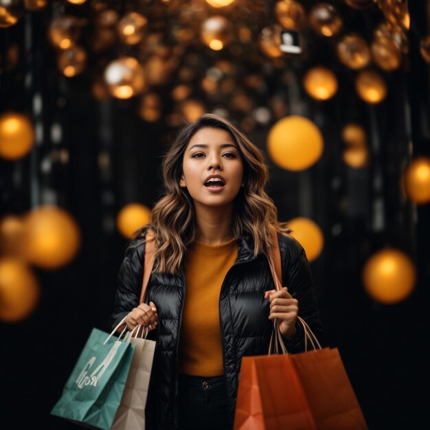 Mujer vestida de negro con bolsas de compras en un fondo negro con espacio de copia para el Viernes Negro